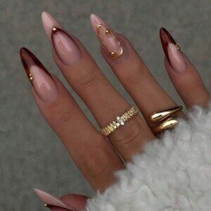 24pcs Long Leopard French Manicure Brown & Pink w/ Gold Accents Press-On Nails